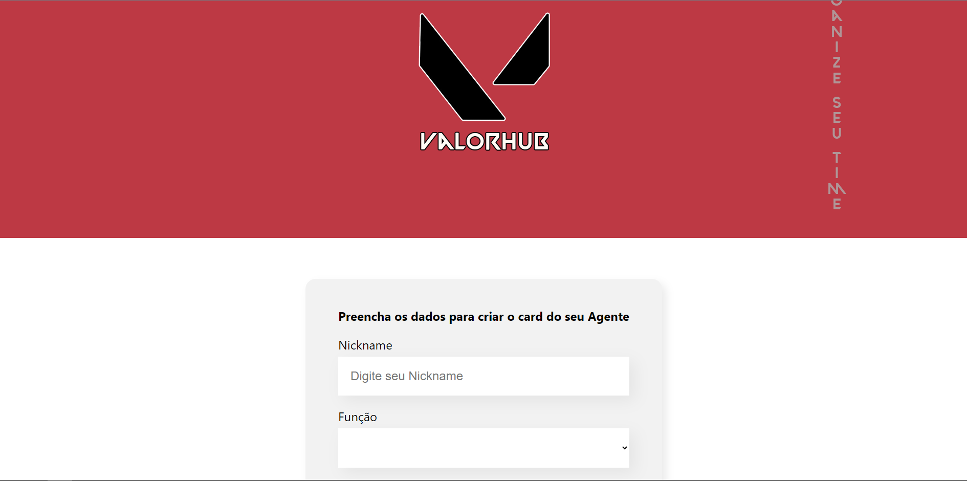 Fundo vermelho com a logo do jogo Valorant ao centro e um formulário abaixo.